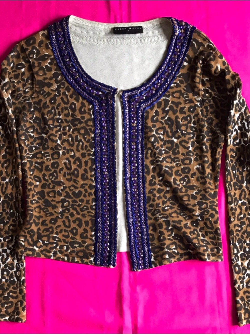 Karen Millen silk Leopard Print Cropped Jacket with purple  Beaded Trim